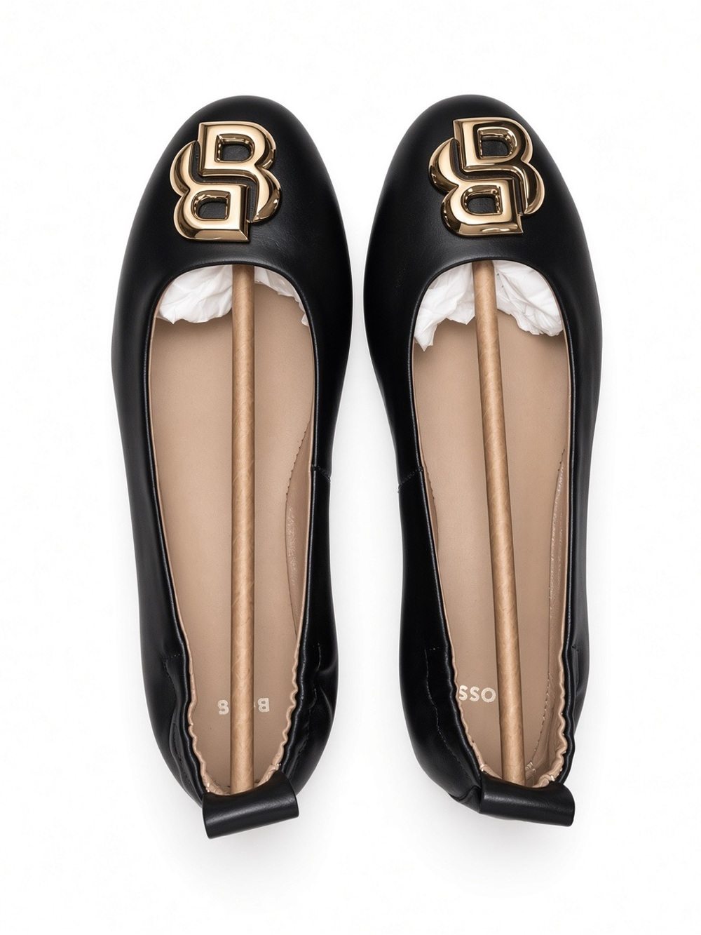 Hugo Boss Dasy Black Leather Logo Ballet Flats with Gold Emblem 6 NWB